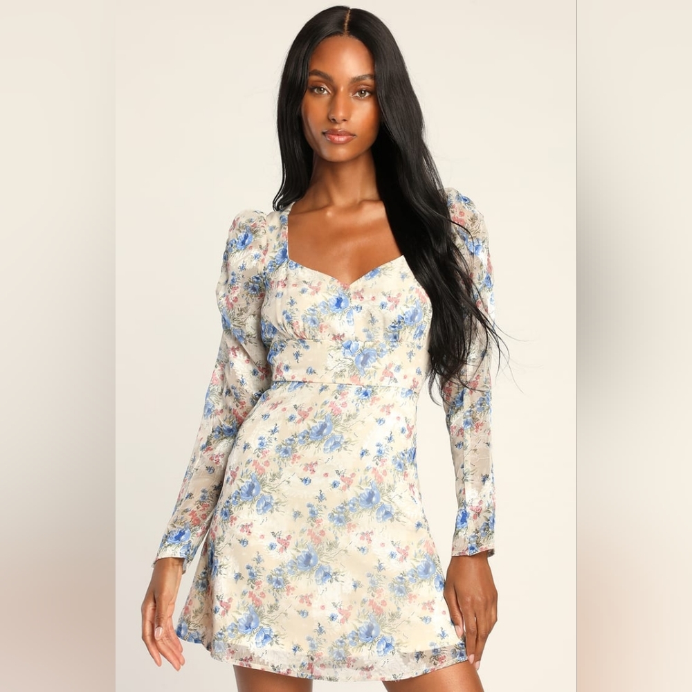Lulus Lovely Type Ivory Floral Print Puff Sleeve A-Line Mini Dress